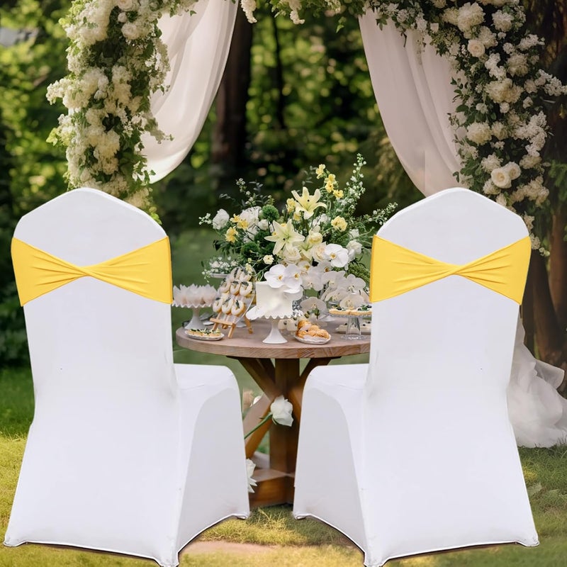 Fbewom Yellow Chair Sashes Bows 50 Pcs Spandex Chair Bands Ties Without Buckle Decorations for Wedding Birthday Party Events Ceremony - Image 5